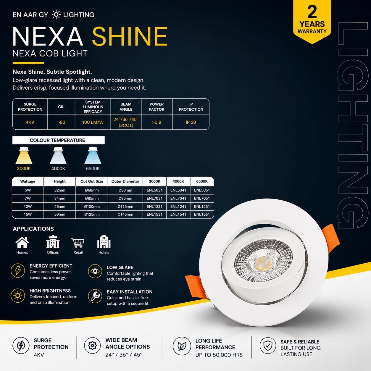 ENAARGY Nexa Shine COB LED Recessed Spotlight, Neo Swivel Design, High CRI, 3000K/4000K/6500K, (Natural White, 12, Watts) - Image 2