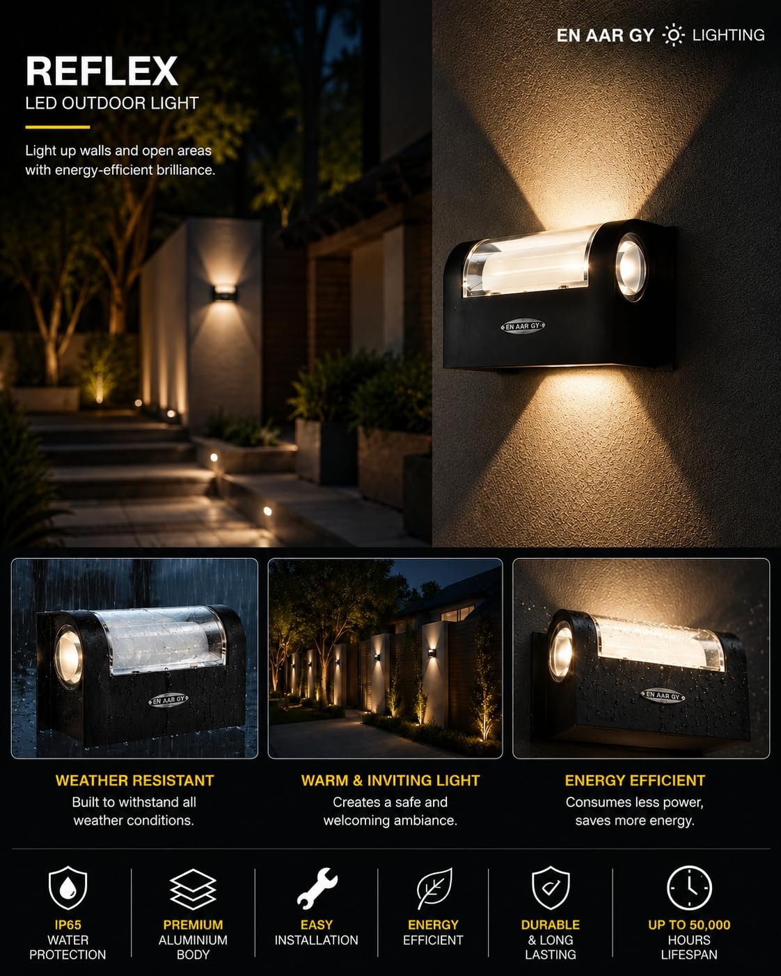 ENAARGY Reflex LED Outdoor Light, 6W, 3000K, IP65, Energy-Efficient Wall Light - Image 4