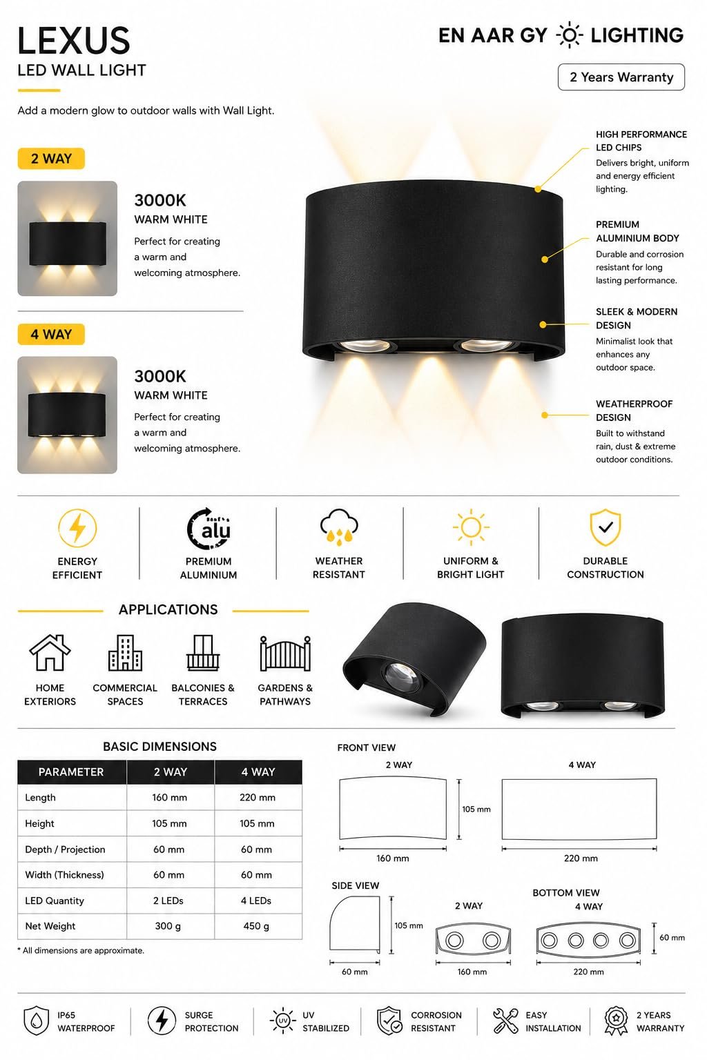 ENAARGY Lexus LED Wall Light, Outdoor, 3000K, IP65, Black, 2 Years Warranty ((2WAY) WW) - Image 4