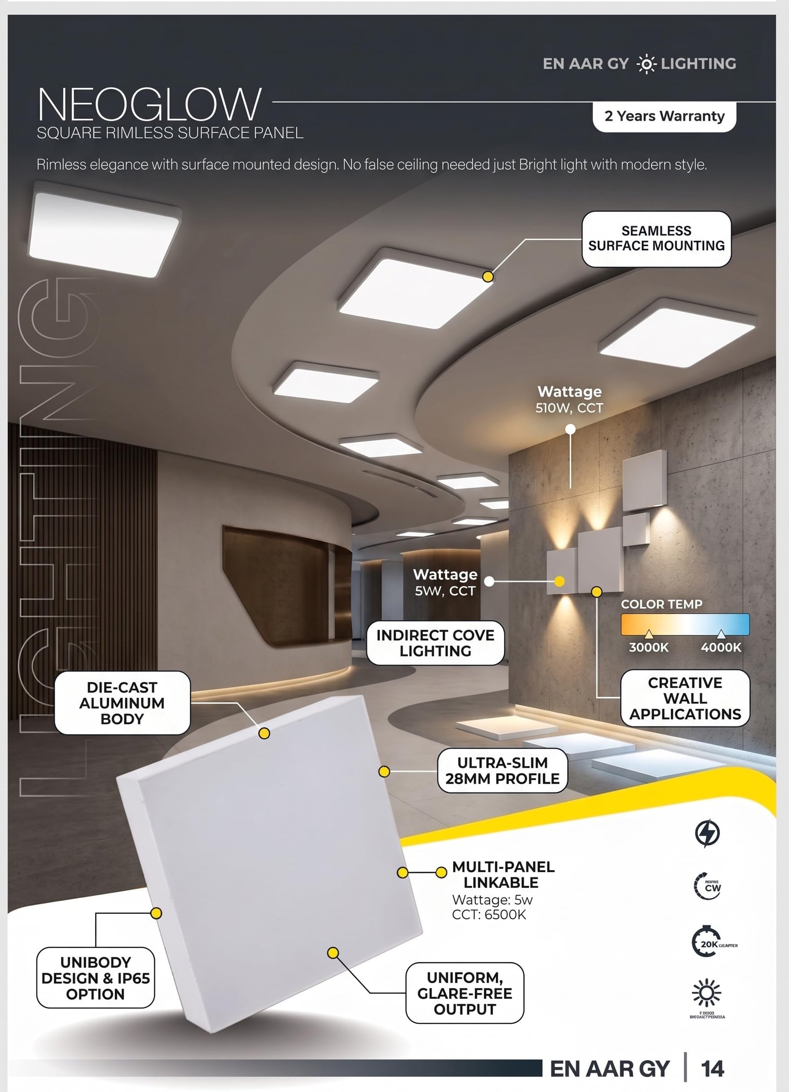 ENAARGY Neoglow LED Surface Panel Light, Square and Round, 3000K/4000K/5500K, 2 Years Warranty (Square, Natural White, 15, Watts) - Image 3